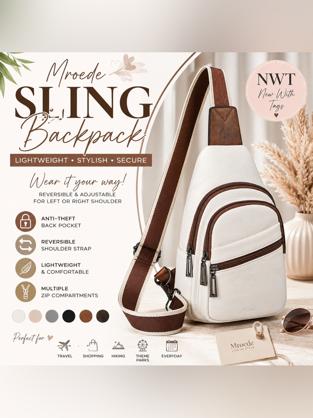 NWT Mroede White & Brown Sling Backpack Crossbody Bag Anti-Theft Convertible Bag